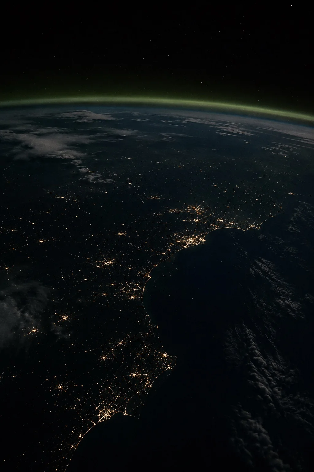 Atmosphärische Nachtaufnahme des Erdhorizonts mit grünem Airglow, symbolisch für internationale Reichweite